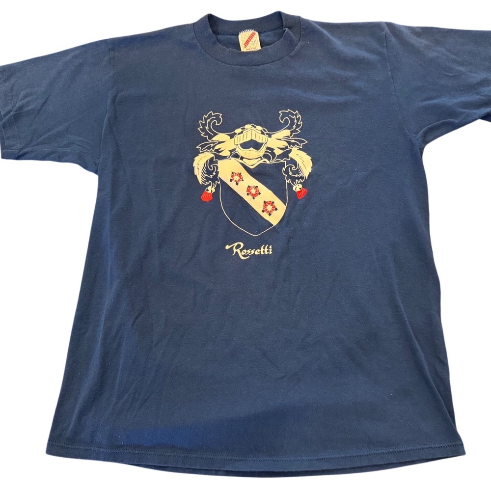 Vintage Jerzees Rossetti Family Crest T Shirt Navy Blue Made in USA Large 42-44